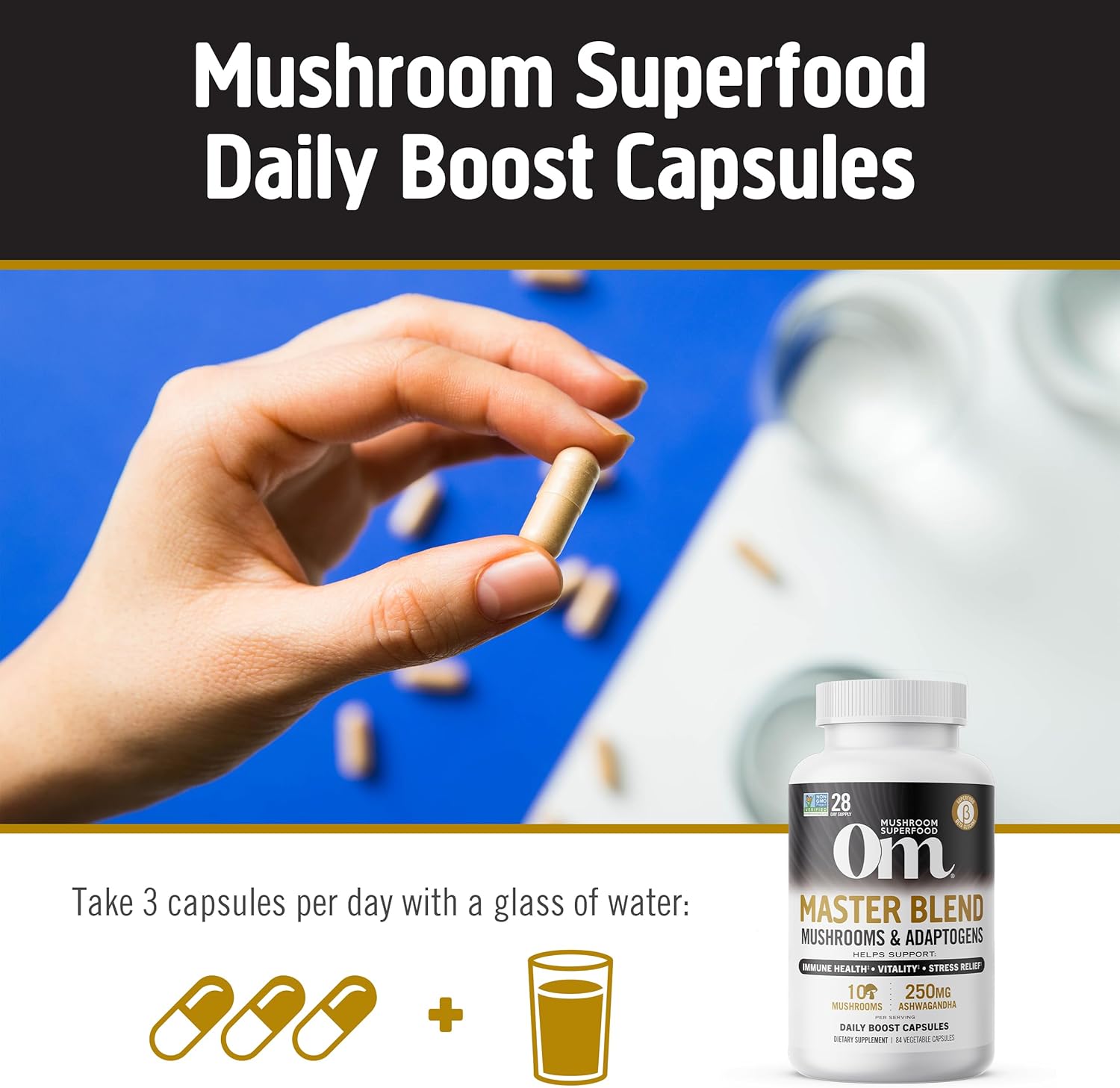 OM Mushroom Superfood Master Blend Mushrooms & Adaptogens, Capsules Supplement, 160 Count, 40 Servings, 10 Mushroom Complex, Adaptogens for Immune Health, Vitality, Stress Relief (Packaging May Vary) : Health & Household