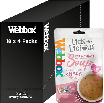 Webbox Lick-e-Licious Soup Cat Treats, Salmon - Kitten Friendly, Made with 100 Percent Salmon Fillet, No Artificial Preservatives, Low in Fat (18 x 4 Packs)