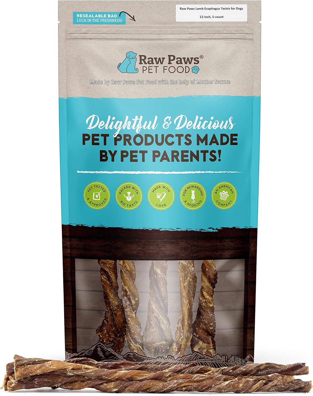 Raw Paws Lamb Esophagus Twists For Dogs, 12 Inch, 5-Ct - Packed In Usa - Lamb Weasand Twist - Natural Dog Lamb Treats From Free-Range Sheep - Lamb Dog Treats - Gullet Lamb Esophagus Dog Treats