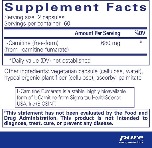 Pure Encapsulations L-Carnitine Fumarate | Hypoallergenic Supplement Support For Enhanced Muscle | 120 Capsules