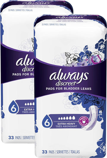 Always Discreet Adult Incontinence & Postpartum Pads For Women, Extra Heavy Overnight Absorbency, Regular Length, 33 Count x 2 Packs (66 Count total)