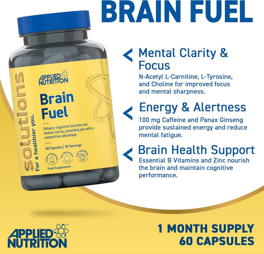 Applied Nutrition - Solutions - Brain Fuel - Capsules With Nootropics, Vitamins, & Panax Ginseng - Best Focus Booster - Enhances Mental Performance - (60 Capsules – 30 Servings)