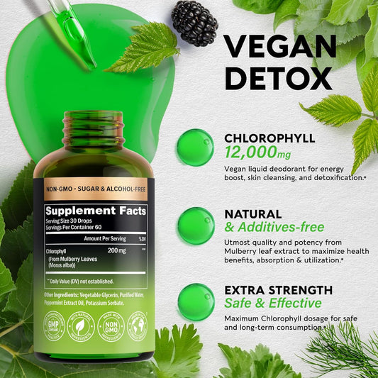 Vegan Chlorophyll Liquid Drops - Oxygen & Energy Boost, Skin Cleanse - Made in USA Trusted Quality - Natural Deodorant & Detox - 12000 mg Extra Strength Supplement - 2 Month Supply, Fresh Mint Flavor