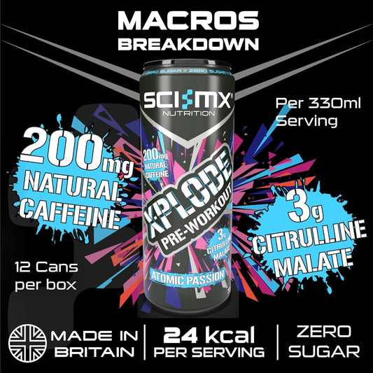 Sci-Mx X-Plode Pre-Workout Energy Drink - Sour Watermelon Flavour - 330Ml X 12 - 200Mg Natural Caffeine, 3000Mg Citrulline Malate, Vitamin B3, B6 + B12 - 24Kcal/Serving - Suitable For Vegans