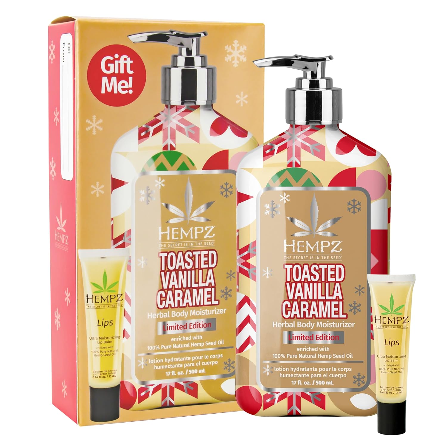 Hempz Toasted Vanilla Caramel Gift Set, Body Lotion And Lip Balm, For Men & Women