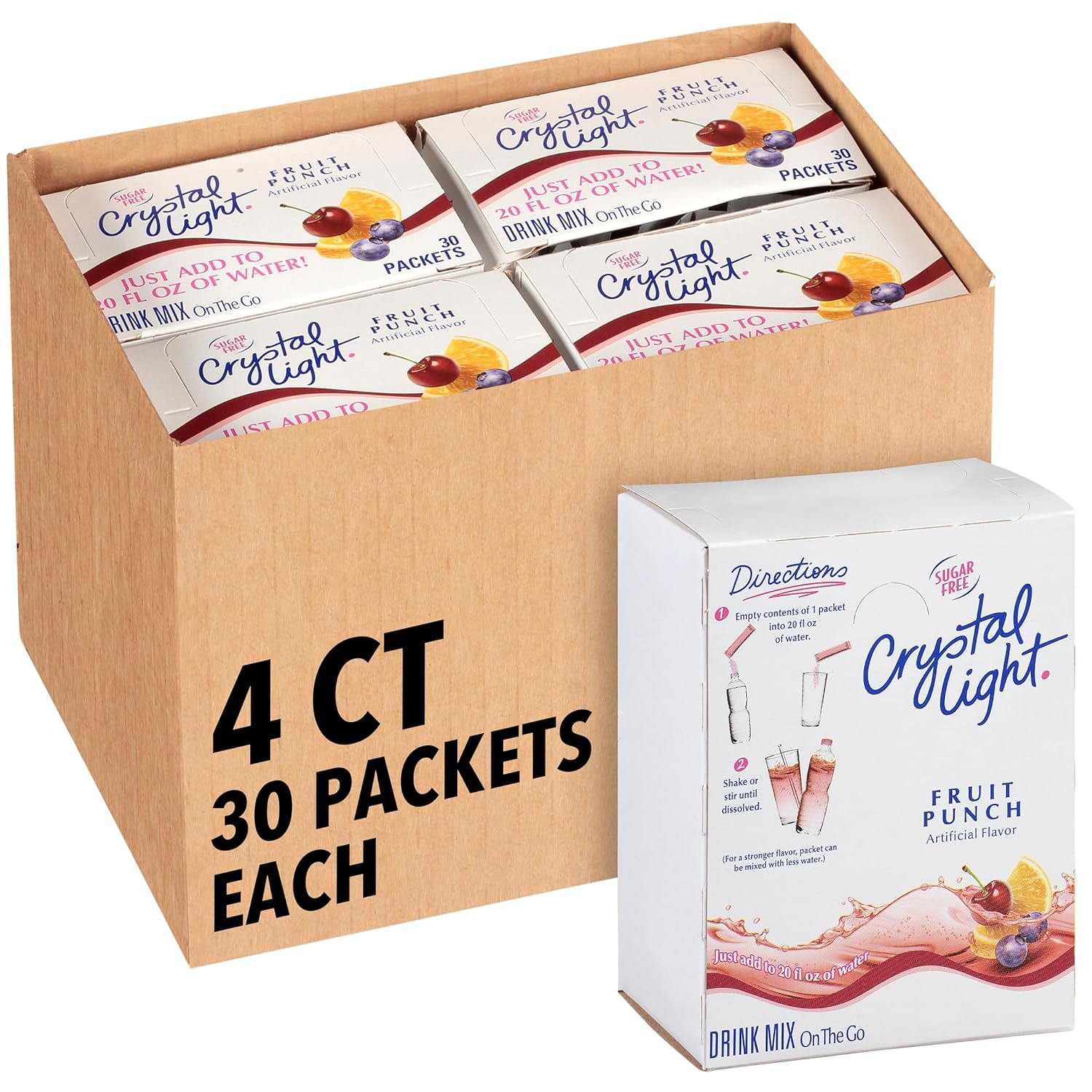 Crystal Light Sugar-Free Fruit Punch On-The-Go Powdered Drink Mix 120 Count, 30 Count (Pack Of 4)