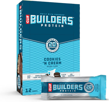 Clif Builders - Cookies 'N Cream Flavor - Plant Based Protein Bars - Gluten Free - Non-Gmo - Low Glycemic - 20G Protein - 2.4 Oz. (12 Count)