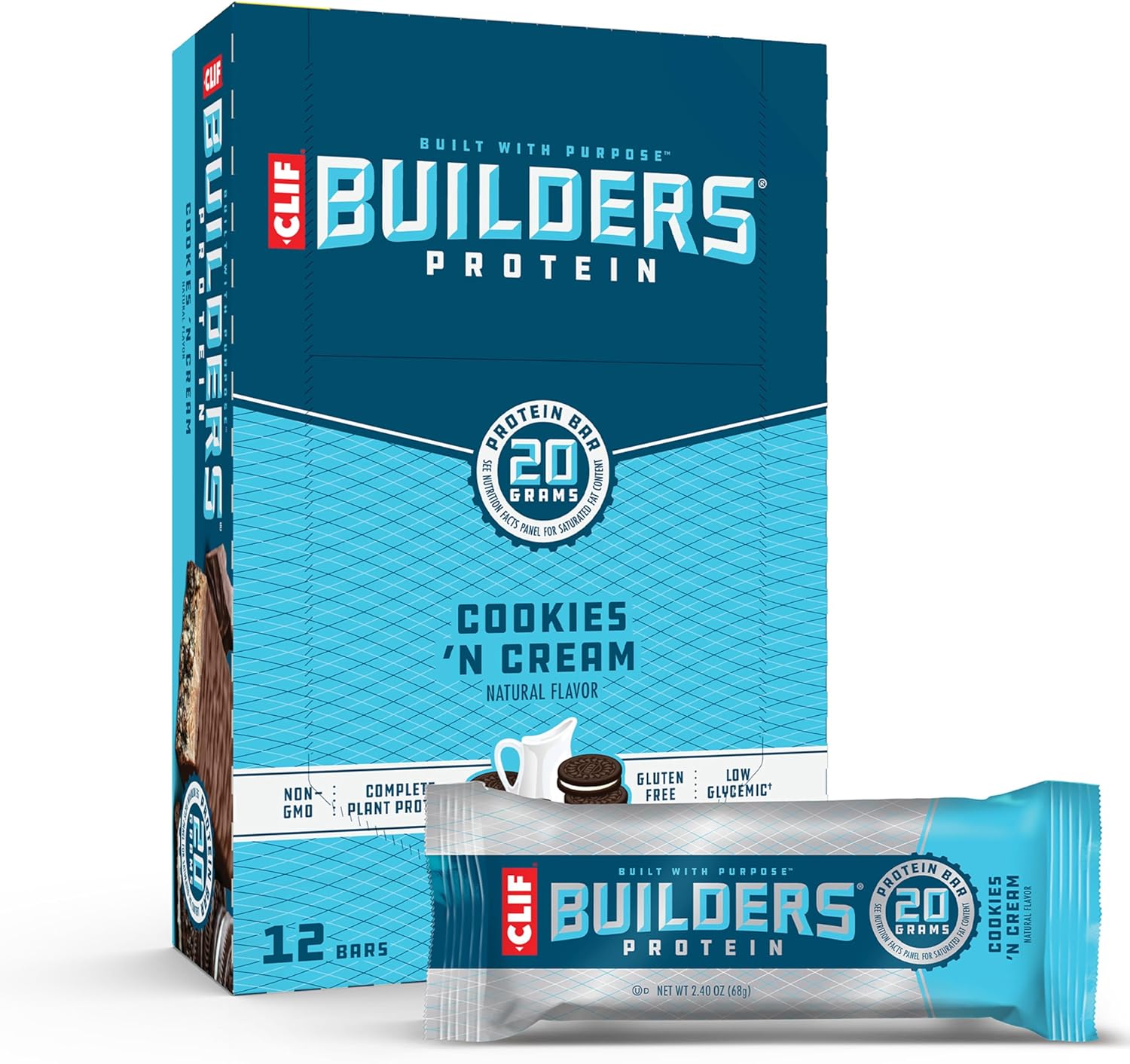 CLIF Builders Chocolate Peanut Butter & Cookies 'n Cream Protein Bars Bundle - Gluten-Free Non-GMO 20g Protein 2.4 oz. (12 Count) Bars : Health & Household