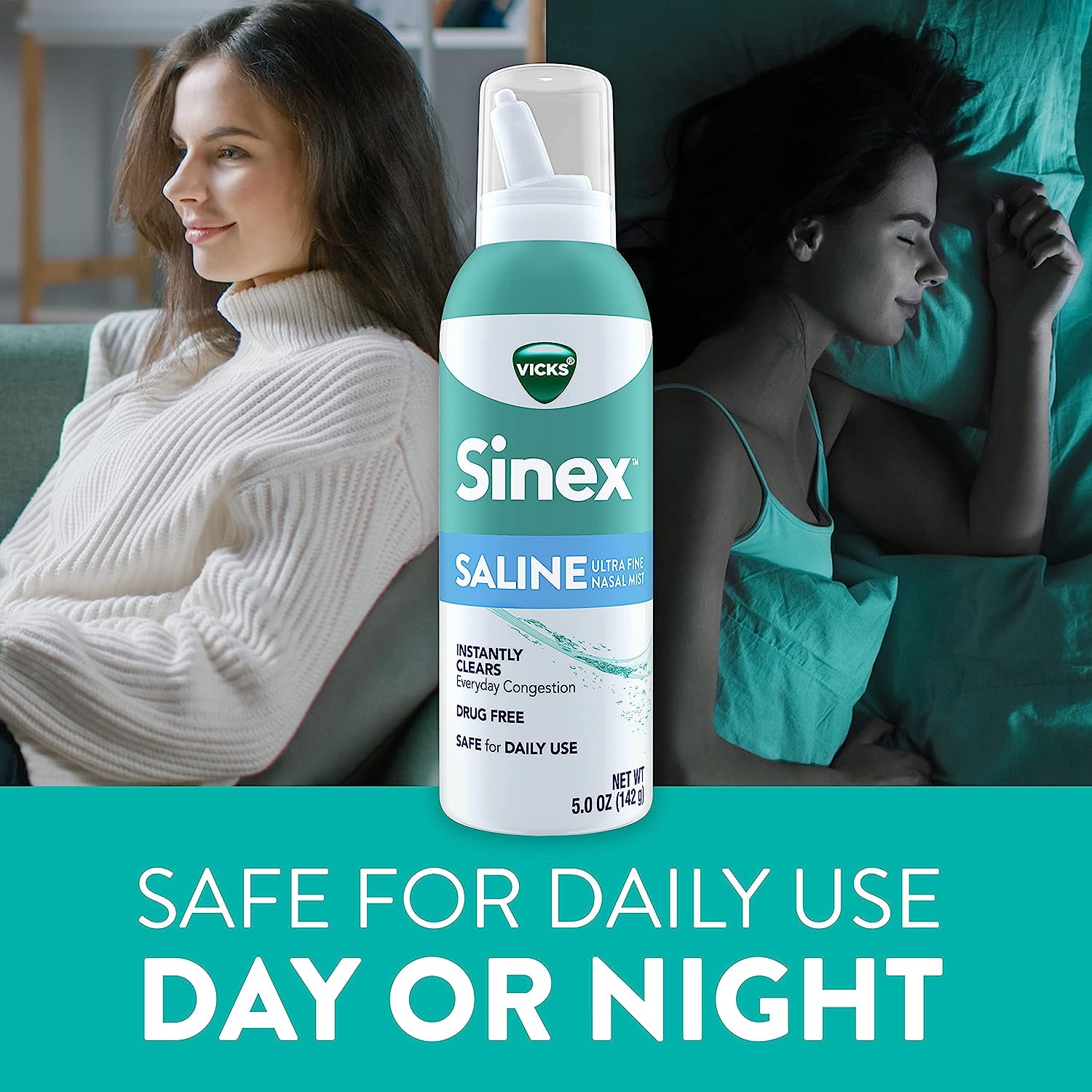 Vicks Sinex SALINE Nasal Spray, Drug Free Ultra Fine Mist, Clear Everyday Sinus Congestion Fast, Clear Mucus from a Cold or Allergy, Daily Use 5.0 fl oz x 2 : Health & Household