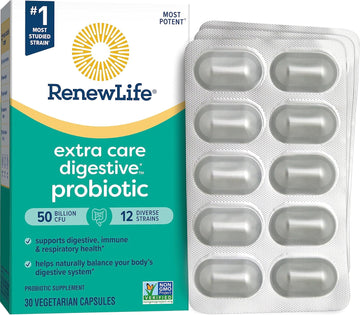 Renew Life Extra Care Go-Pack Probiotic Capsules, Daily Supplement Supports Immune, Digestive And Respiratory Health, L. Rhamnosus Gg, Dairy, Soy And Gluten-Free, 50 Billion Cfu, 30 Ct