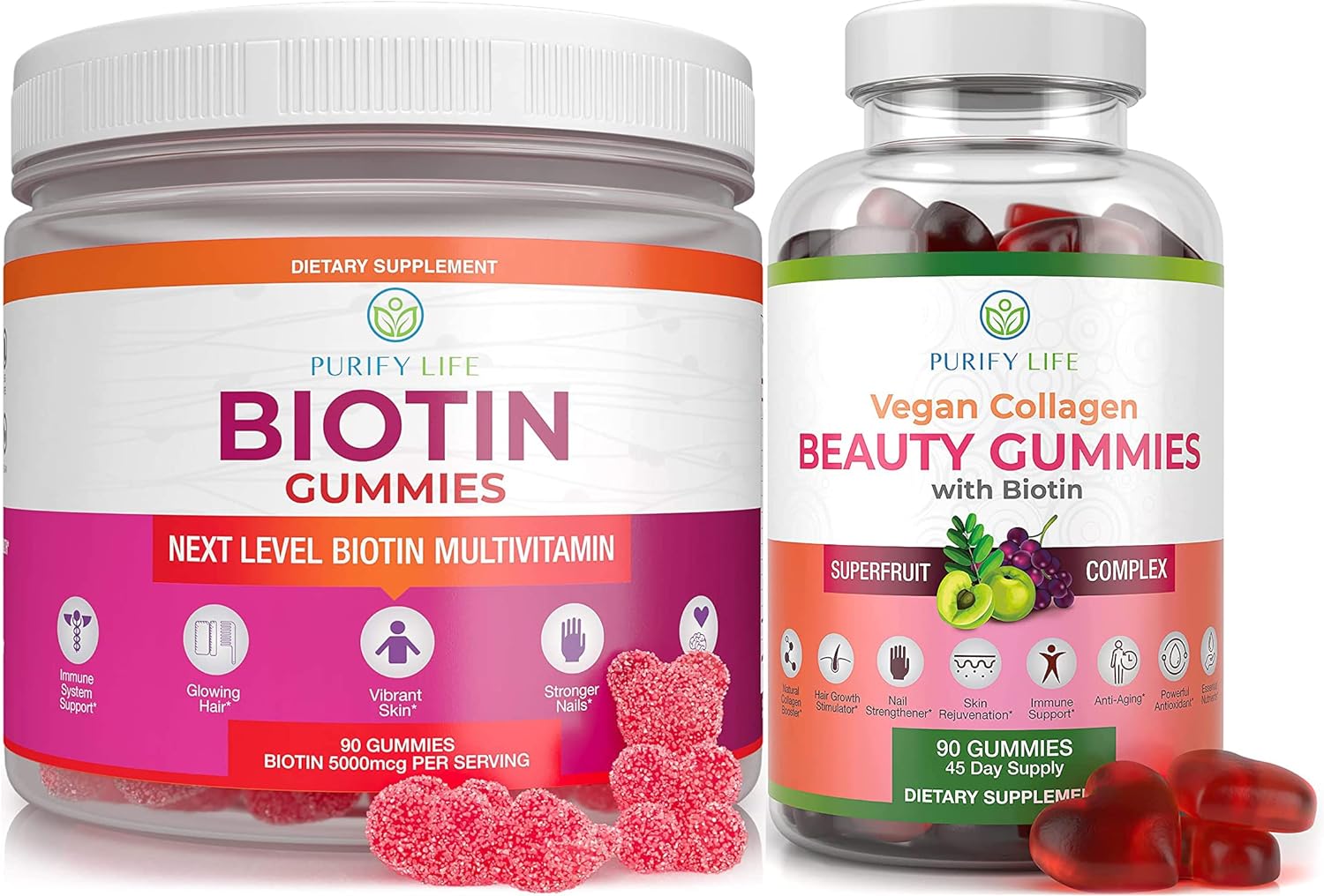 Biotin & Vegan Collagen Bundle, Gummies for Hair Growth, Healthier Skin & Nails (Bulk 90 Gummies), Collagen Booster Superfruit Complex with Resveratrol, Vitamin A, E, C - Replace Capsules, Pills