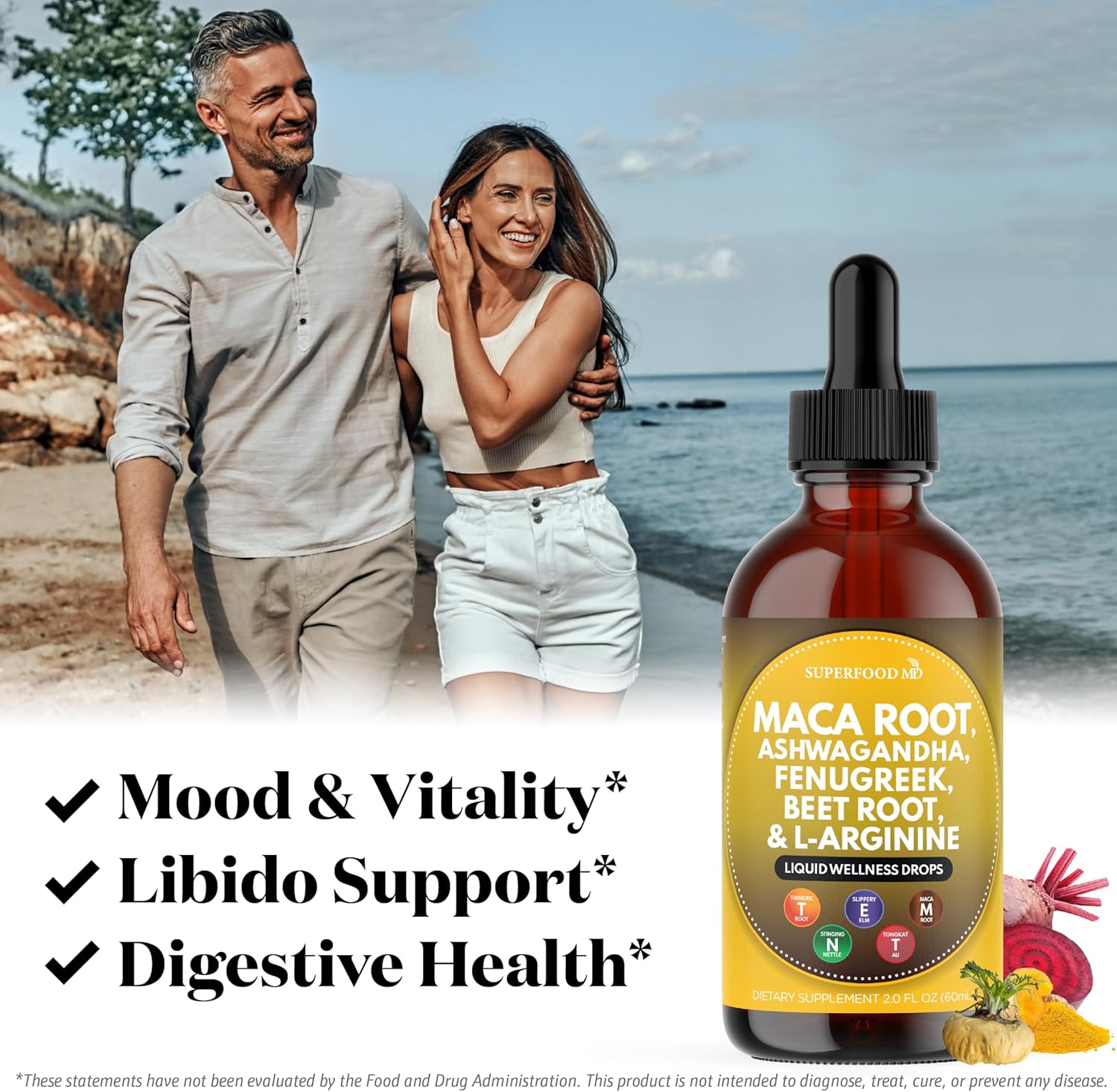Superfood Md Maca Root Liquid Drops With Ashwagandha, Nettle, Fenugreek, Beet Root And L-Arginine Liquid Multivitamin For Women And Men - 4 Oz : Health & Household
