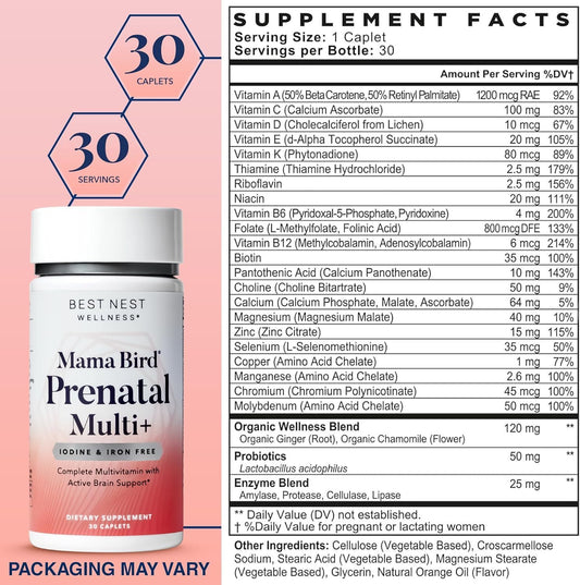 Best Nest Wellness Mama Bird Prenatal Vitamin Iron Free, No Iron Or Iodine, Methylfolate (Folic Acid For Pregnant Women), Natural Organic Herbal Blend, Vegan, Once Daily (30 Count)