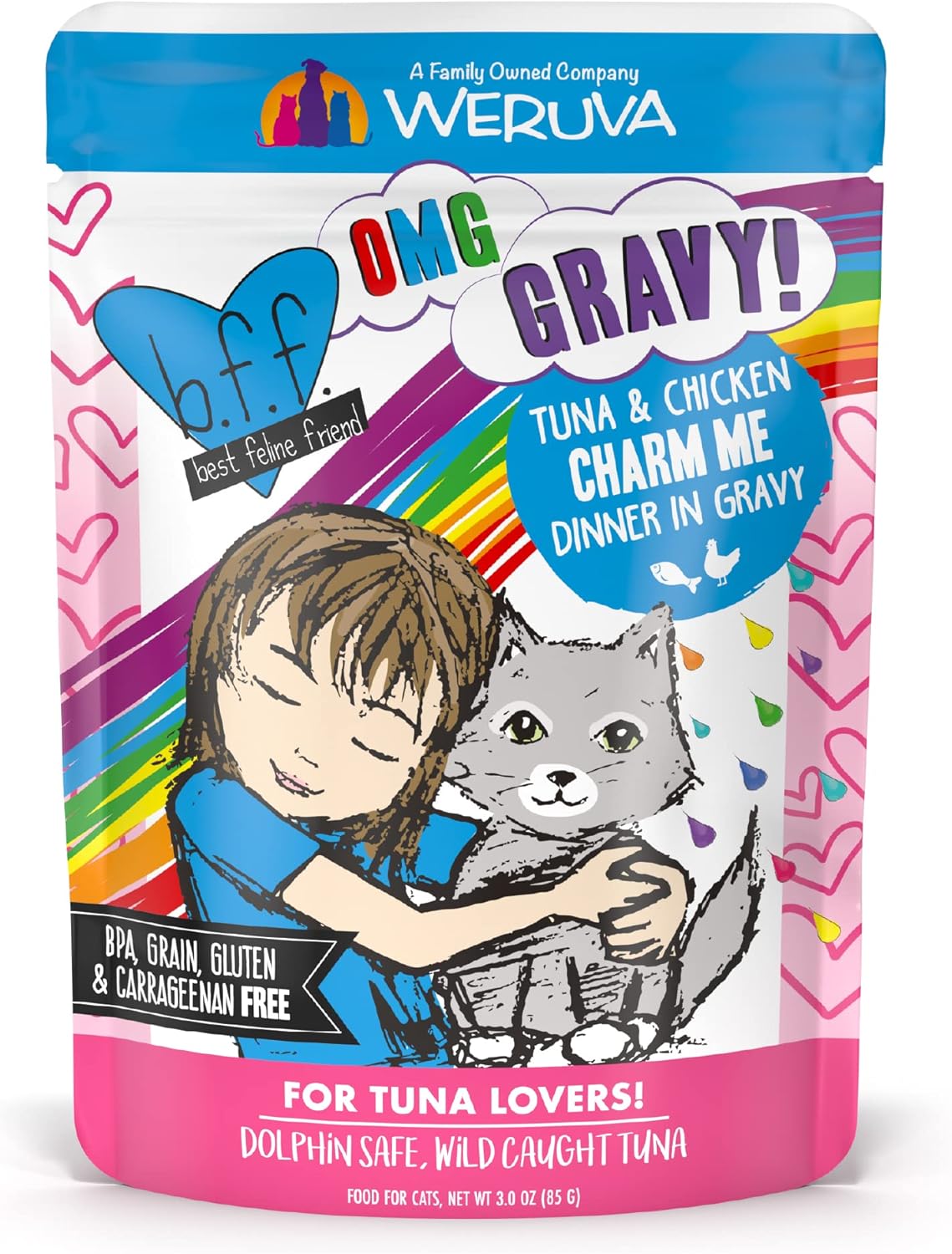 Weruva B.F.F. Omg - Best Feline Friend Oh My Gravy! Tuna & Chicken Charm Me With Tuna & Chicken In Gravy Cat Food, 3Oz Pouch (Pack Of 12)