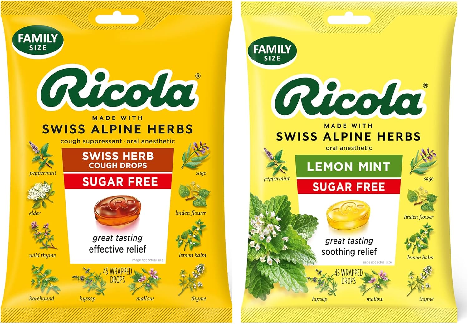 Ricola Sugar-Free Original and Sugar-Free Lemon Mint Large Family Size Bags | Cough Suppressant Throat Drops | Soothing Long-Lasting Relief - 45 Count (Pack of 2)