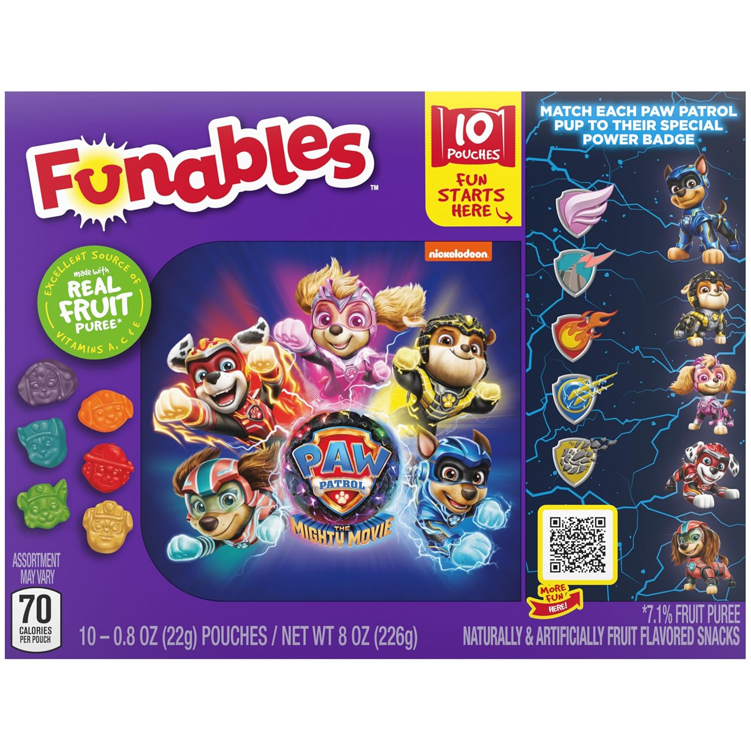 Funables Fruity Snacks, Paw Patrol, Assorted Fruit, Flavored Snacks, 0.8 Oz 10 Ct