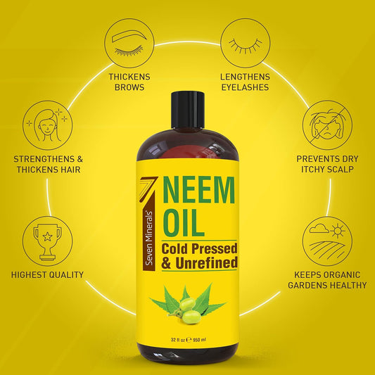 Pure Cold Pressed Neem Oil - Big 32 Fl Oz Bottle - Non-Gmo, Hexane Free, 100% Pure Neem Oil For Plants Spray, Skincare, & Haircare. Treats Dry Skin, Wrinkles, & Promotes Healthy Hair Growth