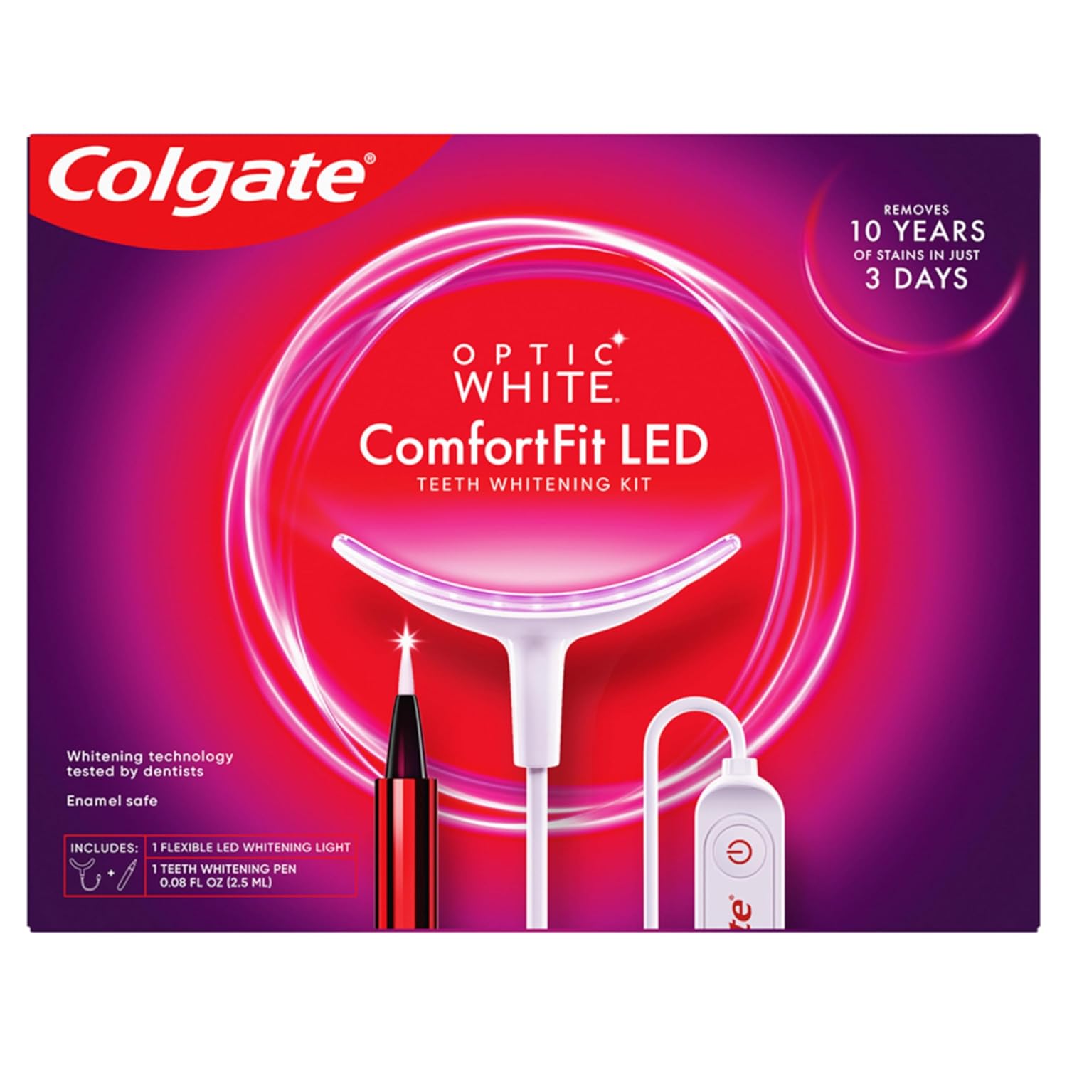 Colgate Optic White ComfortFit Teeth Whitening Kit with LED Light and Whitening Pen, LED Teeth Whitening Kit, Enamel Safe, Works with iPhone and Android