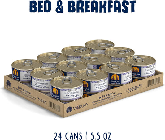 Weruva Classic Dog Food, Bed & Breakfast With Chicken, Egg, Pumpkin & Ham In Gravy, 5.5Oz Can (Pack Of 24), Blue