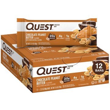 Quest Nutrition Chocolate Peanut Butter Bars, 20G Protein, 1G Sugar, 5G Net Carb, Gluten Free, Keto Friendly, 12 Count