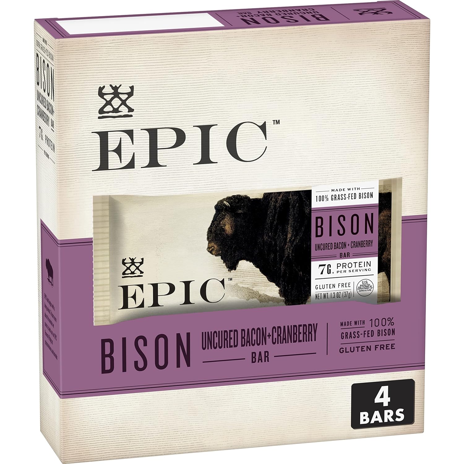 Epic Bison Bacon Cranberry Bars, Paleo Friendly, Gluten Free, 4 Ct, 1.3 Oz Bars