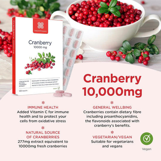 Healthspan Cranberry 10,000Mg | 120 Tablets | 10,000Mg Whole Cranberries| Support For Your Wellbeing And Immune Health | Added Vitamin C | Vegan