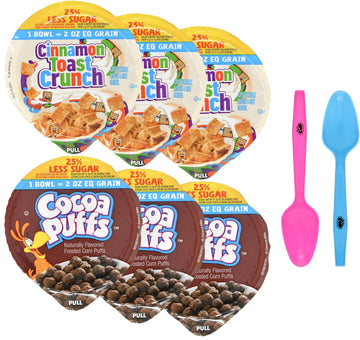 General Mills Cinnamon Toast Crunch and Cocoa Puffs (Pack of 6) Cereal Bowl Variety Pack, 25% Less Sugar, 3 of each 2 oz Cup with 2 By The Cup Mood Spoons