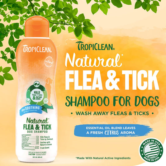 TropiClean Soothing Natural Flea and Tick Dog Shampoo | Natural Flea and Tick Prevention for Dogs | Made in the USA | 20oz