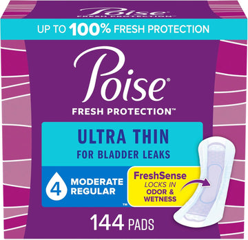 Poise Ultra Thin Incontinence Pads & Postpartum Incontinence Pads, 4 Drop Moderate Absorbency, Regular Length, 144 Count (3 Packs Of 48), Packaging May Vary