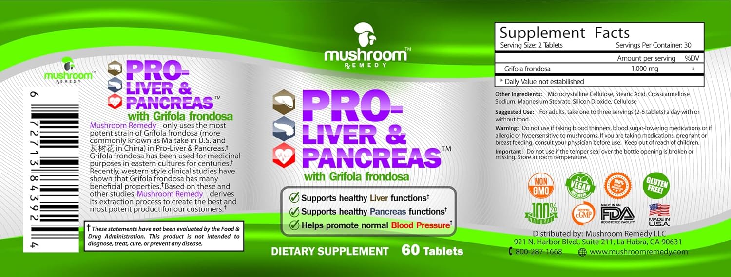 PRO-Liver & Pancreas | Best All-Natural Herbal Supplement for Pancreas & Liver Support, Detox, Clinically Studied Grifola frondosa Mushroom Extract, Vegan, NON-GMO, USA Made, 60 Tablets : Health & Household