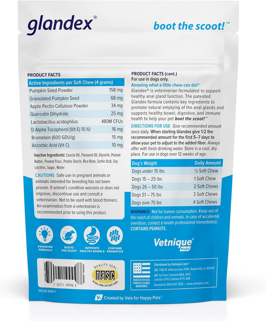 Glandex Anal Gland Soft Chew Treats With Pumpkin For Dogs Digestive Enzymes, Probiotics Fiber Supplement For Dogs Boot The Scoot (Peanut Butter Chews, 30Ct)