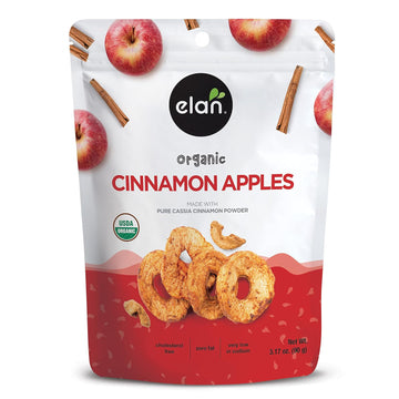 Elan Organic Cinnamon Apples, 3.17 oz, Healthy Snacks, Dried Fruits, No Sulphites, Non-GMO, Gluten-Free, Vegan, Kosher, Soft Chewy Dried Apple Rings
