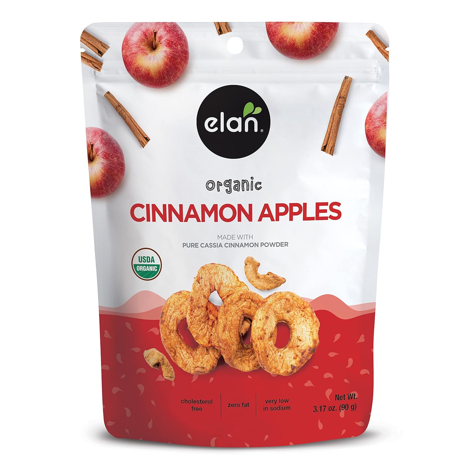 Elan Organic Cinnamon Apples, 3.17 Oz, Healthy Snacks, Dried Fruits, No Sulphites, Non-Gmo, Gluten-Free, Vegan, Kosher, Soft Chewy Dried Apple Rings