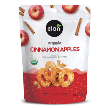 Elan Organic Cinnamon Apples, 3.17 Oz, Healthy Snacks, Dried Fruits, No Sulphites, Non-Gmo, Gluten-Free, Vegan, Kosher, Soft Chewy Dried Apple Rings