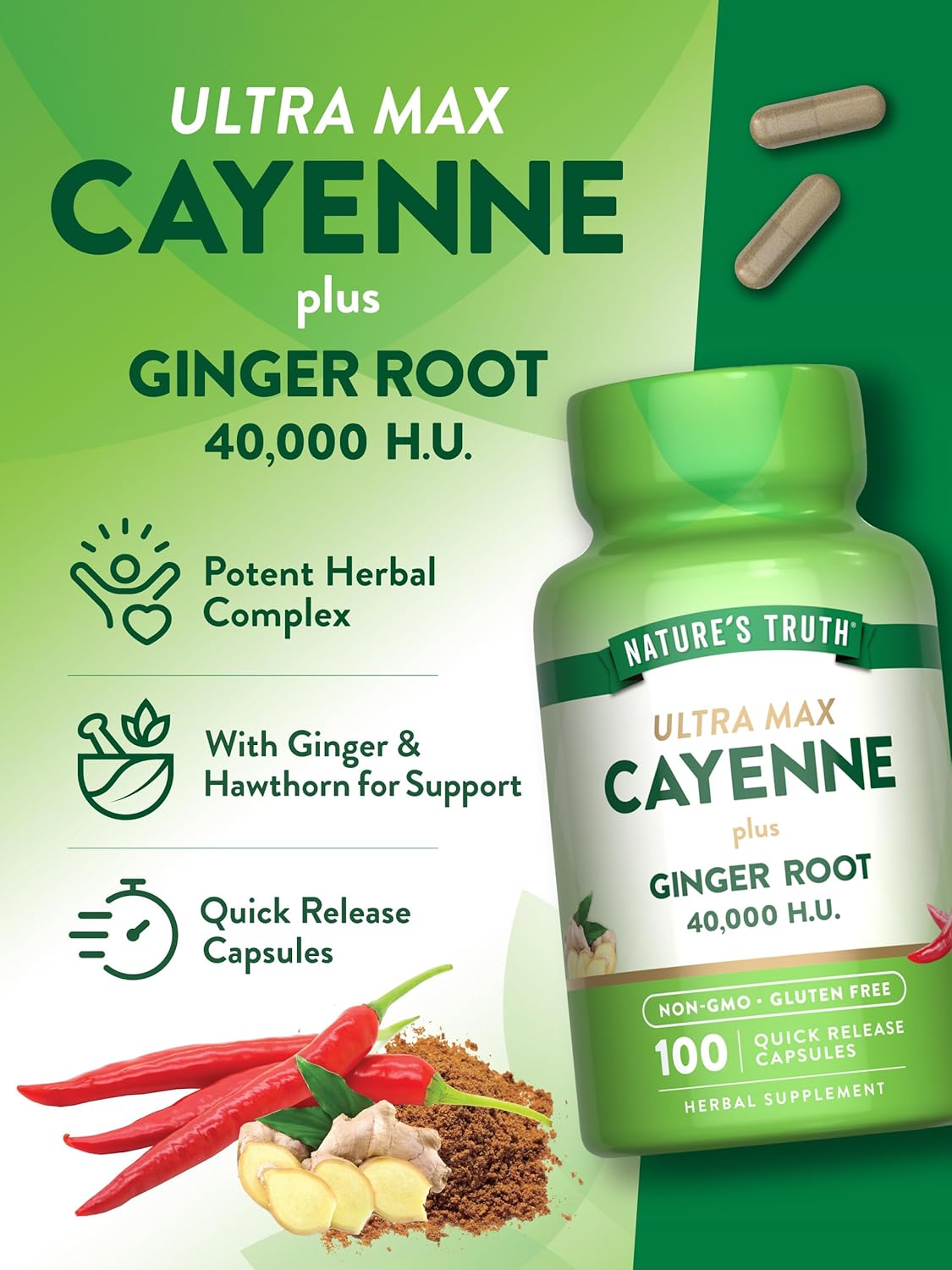 Nature's Truth Cayenne Pepper Capsules | 40,000 HU | 100 Count | with Ginger Root | Non-GMO & Gluten Free Supplement : Health & Household