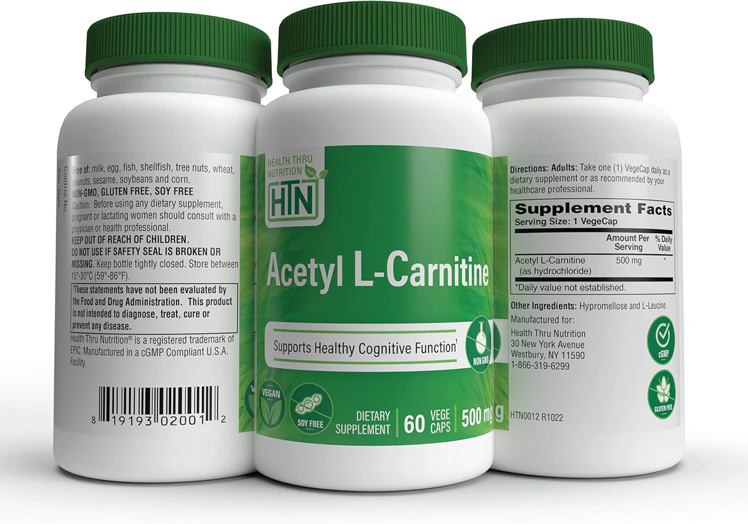 Health Thru Nutrition Acetyl L-Carnitine 500Mg 60 Capsules | Supports Cognition & Mental Function | Memory & Attention | Non-Gmo, 3Rd Party Tested, Hypoallergenic, Gluten Free, Soy Free, Vegan