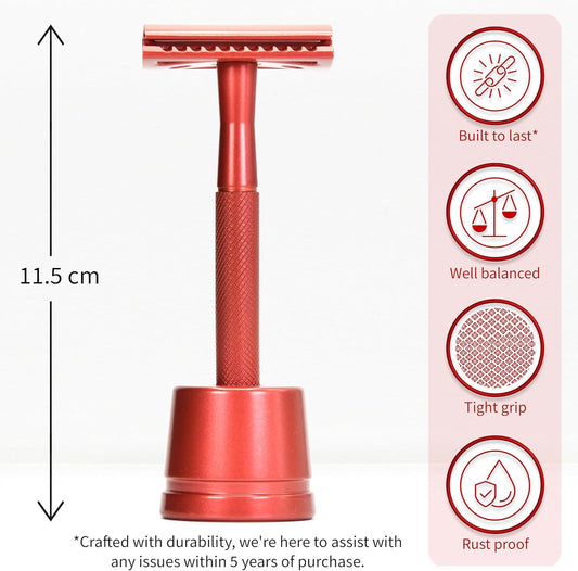 Metal Safety Razor With Stand | Red Shaving Razor | Bambaw