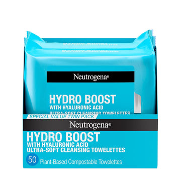 Neutrogena Hydro Boost Facial Cleansing Towelettes + Hyaluronic Acid, Hydrating Makeup Remover Face Wipes Remove Dirt & Waterproof Makeup, Hypoallergenic, 100% Plant-Based Cloth, 2 X 25 Ct