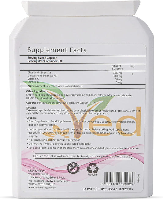 Ved Glucosamine And Chondroitin High Strength Joint Support & Flexibility Supplement With Turmeric & Vitamin C |120 Capsules (60 Days Supply)