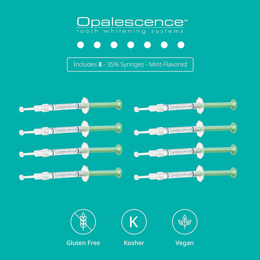 Opalescence 35% Gel Syringes Teeth Whitening - Refill Kit (4 Packs / 8 Count) Carbamide Peroxide. Made by Ultradent, in Cool Mint Flavor. Tooth Whitening Refill Syringes 5197-4