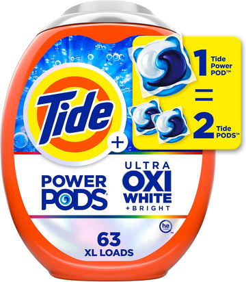 Tide Power Pods Plus Ultra Oxi White And Bright Laundry Detergent, Advanced Stain Removal And Whitening Power, 63 Count