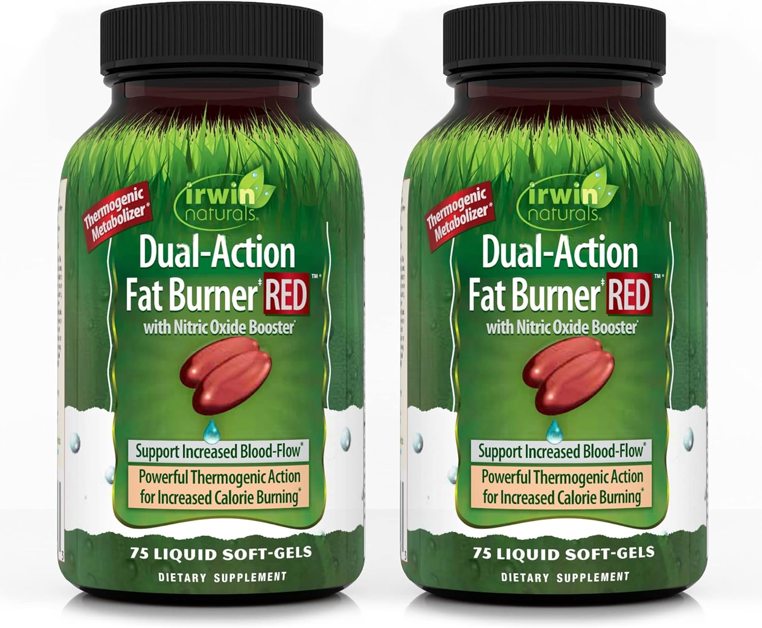 Irwin Naturals Dual-Action Fat Burner Red - 75 Liquid Soft-Gels, Pack Of 2 - Powerful Thermogenic With Nitric Oxide Booster - 50 Total Servings