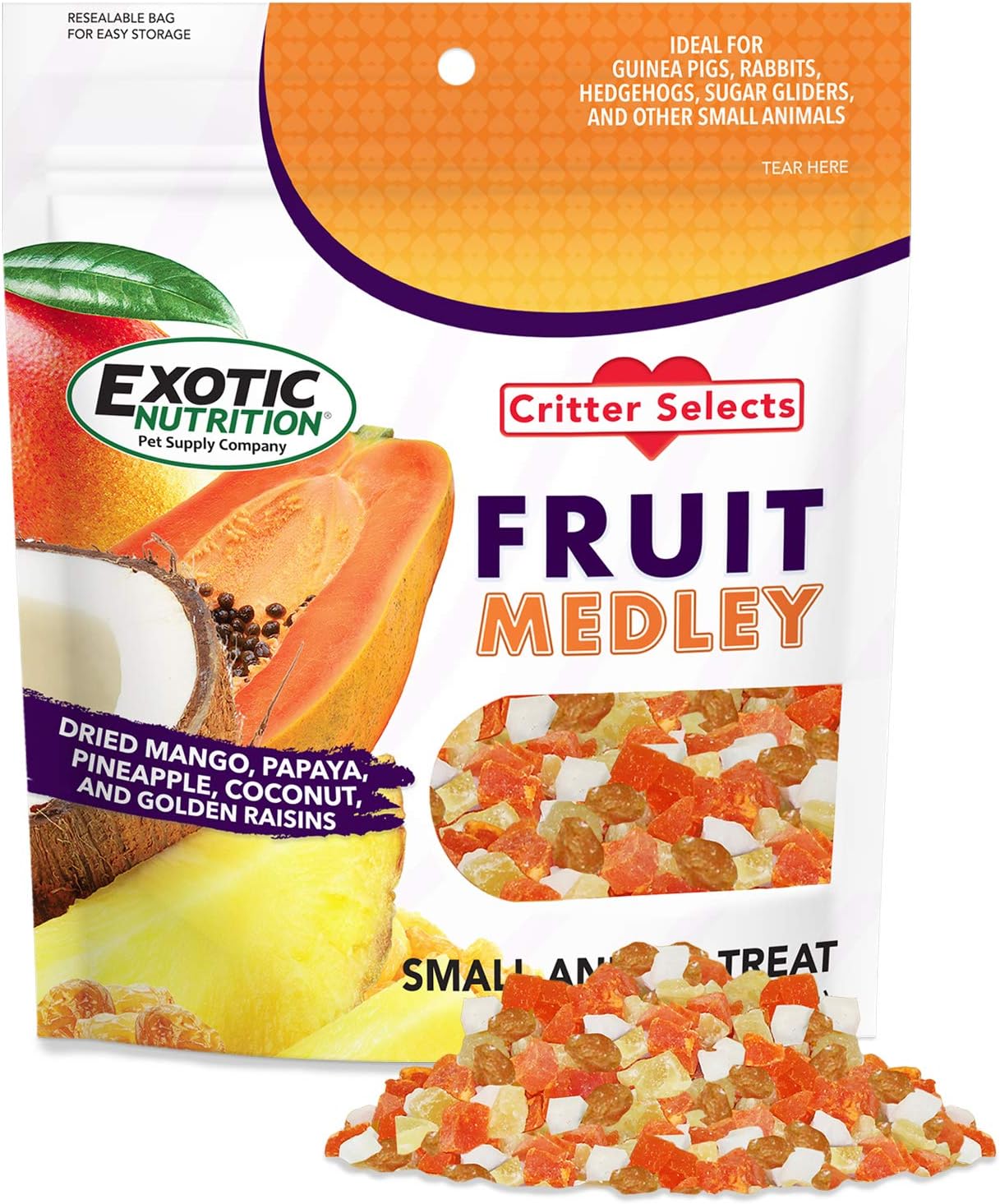 Fruit Medley Treat - Healthy Natural Dried Fruit Treat - Sugar Gliders, Squirrels, Chinchillas, Prairie Dogs, Opossums, Marmosets, Monkeys, Parrots, Birds, Rabbits, Guinea Pigs & Small Pets (4 Oz.)