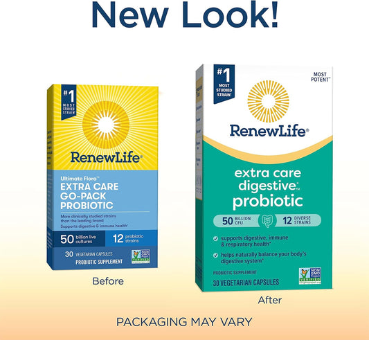 Renew Life Extra Care Go-Pack Probiotic Capsules, Daily Supplement Supports Immune, Digestive And Respiratory Health, L. Rhamnosus Gg, Dairy, Soy And Gluten-Free, 50 Billion Cfu, 30 Ct