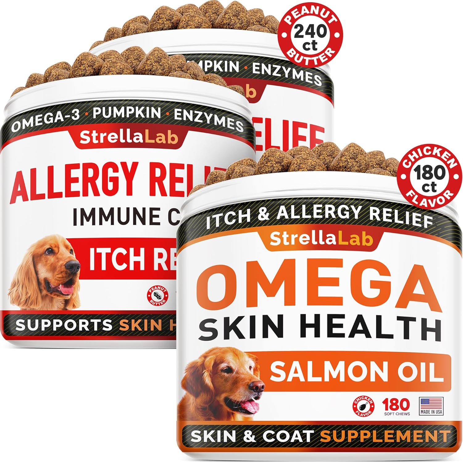 Allergy Relief 2 Packs 240 Chews + Omega 3 For Dogs - 180Ct Dogs Bundle - Allergy & Itch Relief Skin & Coat Supplement - Omega 3 & Pumpkin - Dry Itchy Skin, Shedding, Hot Spots Treatment - Made In Usa