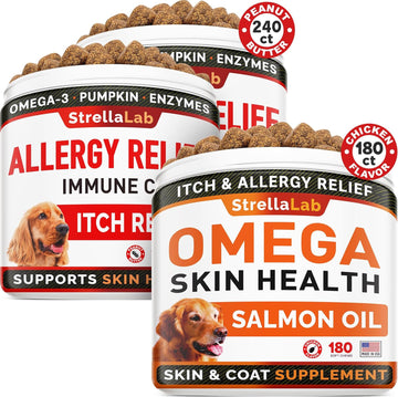 Allergy Relief 2 Packs 240 Chews + Omega 3 For Dogs - 180Ct Dogs Bundle - Allergy & Itch Relief Skin & Coat Supplement - Omega 3 & Pumpkin - Dry Itchy Skin, Shedding, Hot Spots Treatment - Made In Usa