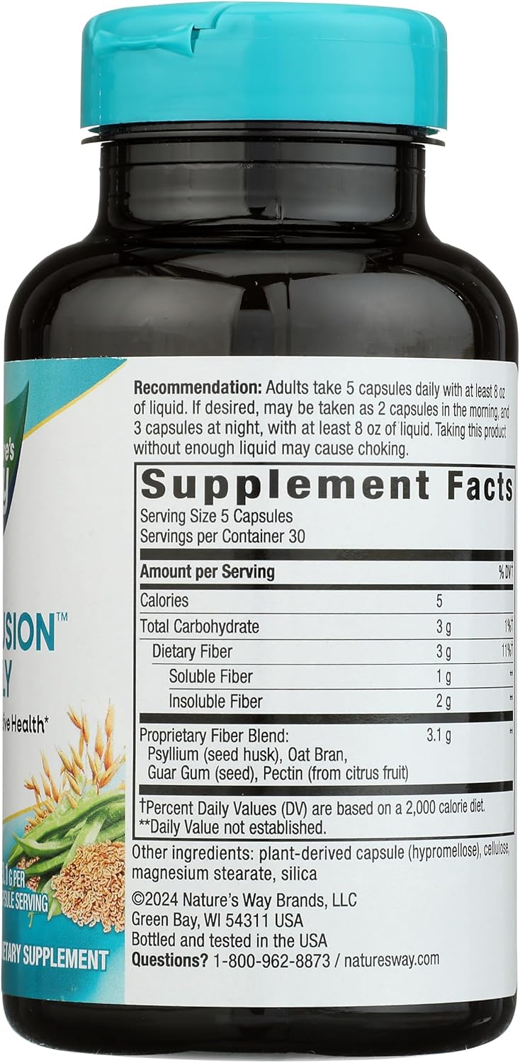 Nature's Way Fiber Fusion Daily, with Psyllium Husk, Oat Bran, Guar Gum, Pectin, Digestive Health Support*, Vegan, 150 Capsules (Packaging May Vary) : Health & Household