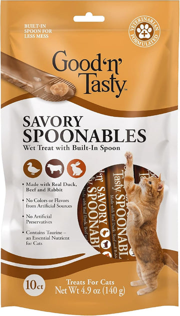 Good 'N' Tasty Savory Spoonables With Real Duck, Beef & Rabbit, 10 Count Tube, Triple Flavor Squeezable Lickable Wet Treats For Cats With Built-In Spoon For Less Mess