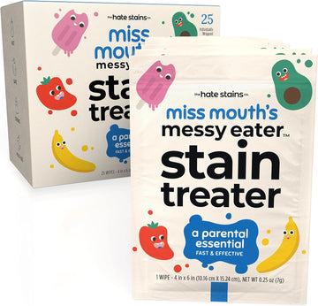 Miss Mouth's Messy Eater Stain Treater Wipes - 25 Pack Stain Remover - Newborn & Baby Essentials - No Dry Cleaning Food, Grease, Coffee Off Laundry, Underwear, Fabric