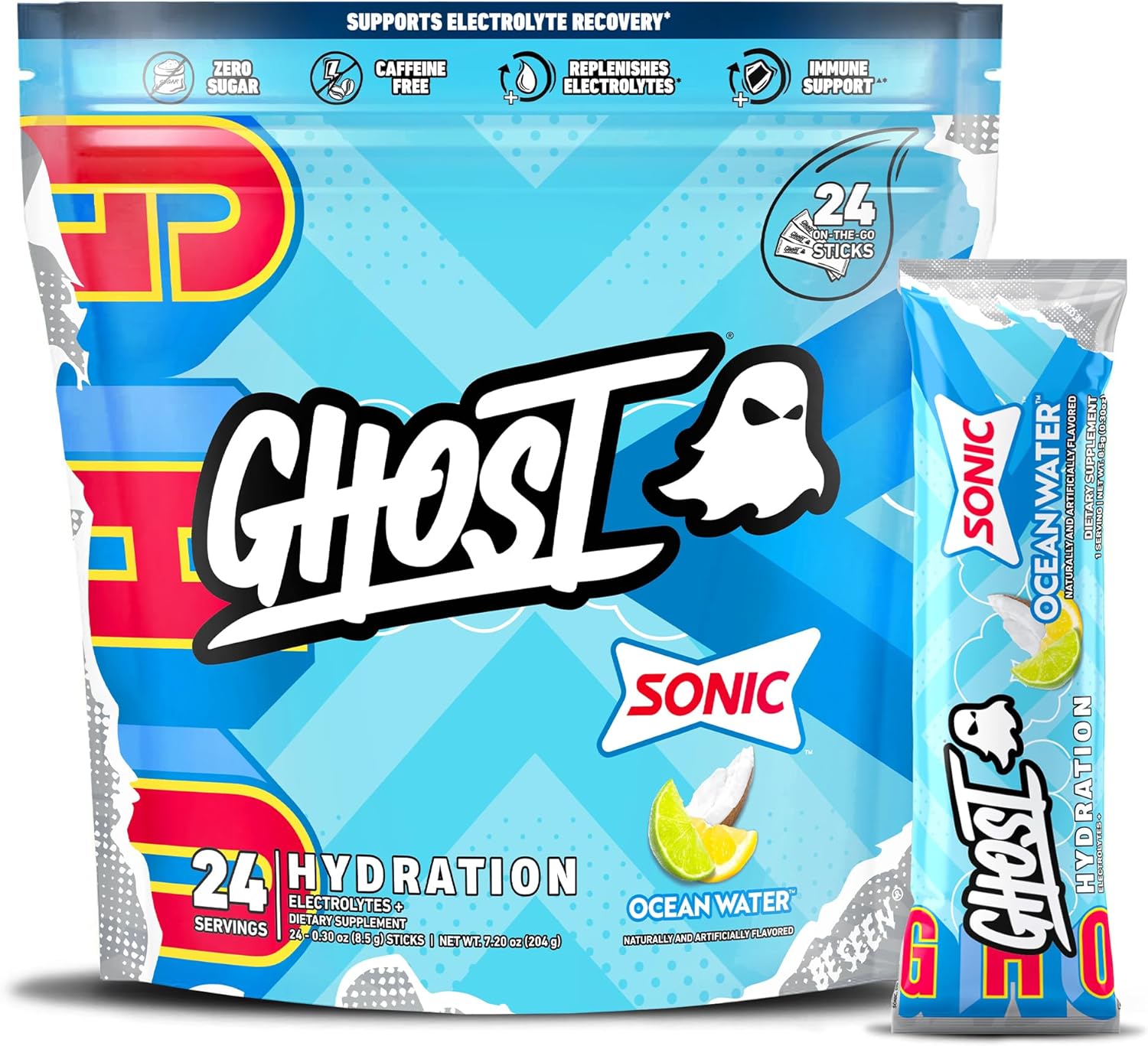 Ghost Hydration Packets, Sonic Ocean Water, 24 Sticks, Electrolyte Powder - Drink Mix Supplement With Magnesium, Potassium, Calcium, Vitamin C - Vegan, Free Of Soy, Sugar & Gluten